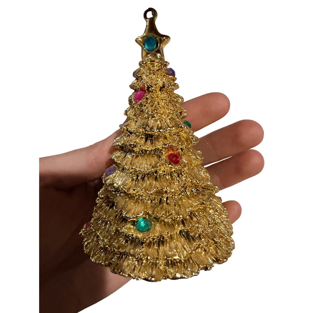 Unbranded Christmas Tree Figurine Jeweled Gold Vintage Style Holiday Decor 5in